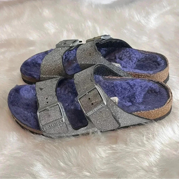 Birkenstock Silver Sandals with Purple Lining - Picture 5 of 11